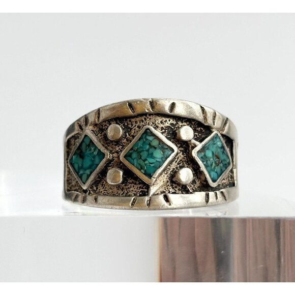 Crushed Turquoise Shadow Box Geometric Silver T Southwest Style Ring - sz 11 - Picture 1 of 10